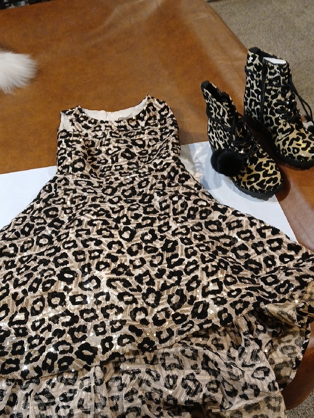 Rare Editions Girls' Leopard Print Sequin Dress in Black and Gold